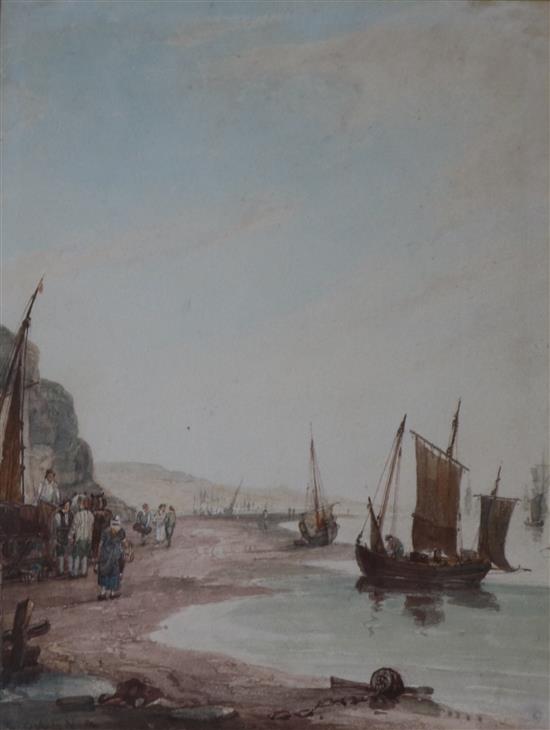 Attributed to Samuel Owen (1768-1857), watercolour, View on the Kent coast with fishermen, signed, 19 x 14cm